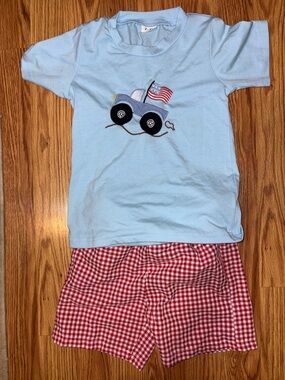 Light Blue Toddler Tee with Truck Applique & Red Gingham Shorts